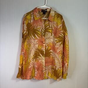 Tahari 100% Linen Yellow, Green, Cream Tropical Leaf Print Shirt Size XL X0479